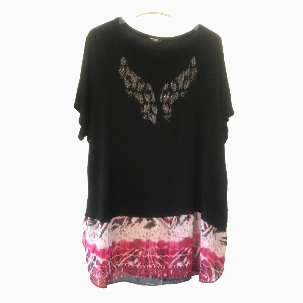 Avenue Women's Tee Butterfly beading Animal print chiffon hem Short sleeve 22/24